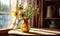 Warm Sunlight Illuminating a Yellow Vase with Fresh Flowers on a Wooden Table, Creating a Cozy, Inviting Home Interior Atmosphere