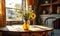 Warm Sunlight Illuminating a Yellow Vase with Fresh Flowers on a Wooden Table, Creating a Cozy, Inviting Home Interior Atmosphere