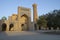 Warm sunny evening on the territory of the ancient Kalon madrasah. Bukhara