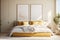 warm , sunny furniture bedroom, Scandinavian thin frame , long cozy linen bed, warm sunny light
