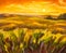 Warm sunset in mountains artistic painting background.