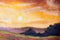 Warm sunset in mountains artistic painting background.