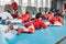 Warm-up of sambo athletes in the gym.