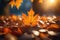 a warm view of autumn leaves illustration sun flare lens effect nostalgic lighting generative ai