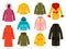 Warm winter clothes. Clothing icons, women seasonal cloth. Casual and sport garment. Colorful fashion coat, sweater