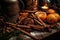 Warm winter spices like cinnamon sticks, nutmeg and oranges grouped with linen garlands and fur rosemary on fine olive wood.