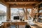 A warm wooden work space overlooking the river, designed like a photographer\\\'s studio, enhanced with natural sunlight
