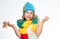 Warm woolen accessories. Girl happy face white background. Hat and scarf keep warm. Fall fashion concept. Kid wear warm