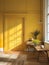 Warm yellow study with rustic touches and a cozy ambiance for creative work.