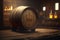 Warmly Lit Cellar with Whiskey Barrel, Rustic Charm
