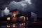 warmly lit exterior of a modern house at night with dramatic storm clouds in the background