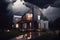 warmly lit exterior of a modern house at night with dramatic storm clouds in the background