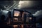 warmly lit exterior of a modern house at night with dramatic storm clouds in the background