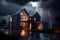 warmly lit exterior of a modern house at night with dramatic storm clouds in the background