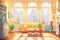warmly lit interior seen through italianate buildings windows, magazine style illustration