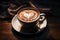 Warmth in a cup latte art forms a heart on wood