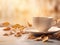 Warmth and Elegance: Porcelain Cup of Spiced Chai with Golden Ginkgo Leaves on a Pearl Canvas