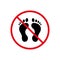 Warning Ban Walk Barefoot Black Silhouette Icon. Forbid Human Footprint Pictogram. Foot Print Bare Step Red Stop Symbol