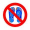 Warning banner no open footwear, not allowed flip flops symbol, ban slippers red prohibition sign