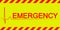 Warning banner sticker emergency, red and yellow diagonal stripes, vector sign symbol heartbeat text emergency