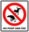 Warning forbidden sign no dog peeing and pooping. Vector illustration isolated on white. Red prohibition symbol for public places.