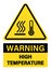 Warning, high temperature. Yellow triangle sign with the simbols of thermometer and heat waves. Text.