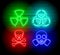 Warning neon silhouette of biohazard icons.