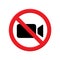 warning no recording, sign of prohibition of video camera, flat icon in red crossed out circle, vector illustration