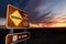 Warning rip currents sign with dramatic sunset