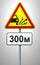 warning road sign throwing stone materials together with plate. triangular sign and rectangular plate on a metal pole