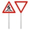 Warning road sign on white background, red triangle. Make way. Pedestrian crossing sign, pedestrian crosswalk sign. Vector Illustr