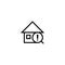 Warning search house icon. home with magnifying glass and exclamation mark symbol. simple clean thin outline style design.