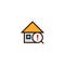 Warning search house icon. home with magnifying glass and exclamation mark symbol. simple clean thin outline style design.