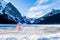 Warning sign `Caution thin ice` at Lake Louise