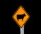 Warning sign for cow on white pole black background