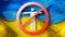 Warning sign with crossed out man on a background of Ukrainian flag.