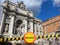 Warning sign with of quarantine on a police ribbon on the background of Rome Trevi Fountain in Rome, Italy.