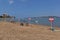 Warning signs with the inscription Warning! No swimming! Danger to life on the beach in Gelendzhik