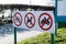 Warning Signs prohibiting bike, motorcycle and dog walking