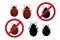 Warning stop signs with colored detailed image of an bedbug and its black silhouette.