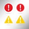 Warning symbol set. Exclamation mark in red circle. Attention button in yellow triangle isolated on transparent