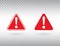 Warning symbol set. Exclamation mark in red triangles. Attention button isolated on transparent background. Warning sign