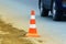 Warning Traffic Road Cone Standing on Street Asphalt City Road During Roadworks