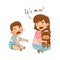 Warring Sister Grabbing Toy Teddy Bear from Her Little Crying Brother as Family Relations Vector Illustration