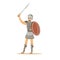 Warrior character, man in historical armor and helmet holding wooden shield and sword vector Illustration