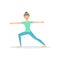 Warrior Two Virabhadrasana Yoga Pose Demonstrated By The Girl Cartoon Yogi With Ponytail In Blue Sportive Clothing