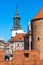 Warsaw Barbican fortified outpost as part of brick and stone historic defence walls with Stare Miasto Old Town quarter in