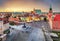 Warsaw Old Town square, Royal castle at sunset, Poland