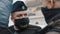 Warsaw, Poland 05.16.2020. - Protest of the Entrepreneurs. Portrait of the police officer with face masks safeguarding