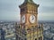WARSAW, POLAND - OCTOBER 19, 2019: Beautiful panoramic aerial close-up drone view to the Millennium clock clock face diameter = 6
